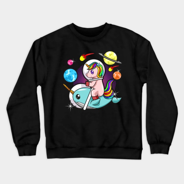 Cool Retro Unicorn Astronaut Riding Narwhal In Space Crewneck Sweatshirt by E